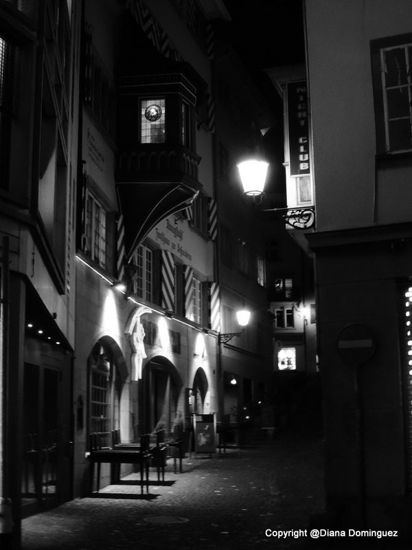 Zurich At Night  8x10 Photography Switzerland, lights, city streets, european, travel, black and white