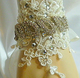 Sarah ..  Lace, and Swarovski crystal bridal cuff bracelet