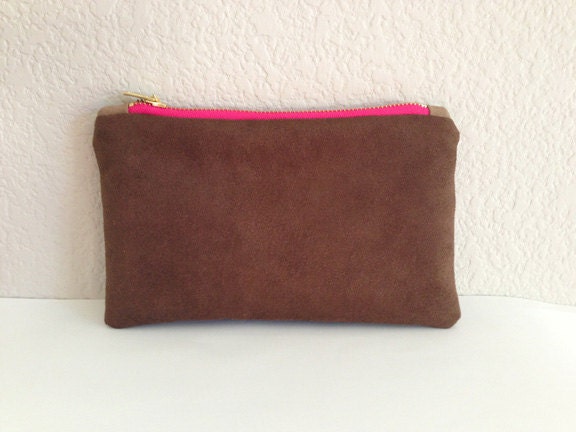 Faux Suede Pouch Bag Purse with Hot Pink and Gold Metal Zipper with Ochre lining