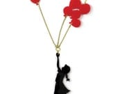 Red & black plexiglass (perspex) necklace, Girl with baloons, gold plated chain