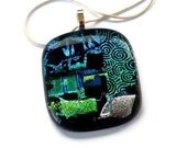 Fused glass pendant, multicoloured dichroic glass pendant necklace, turquoise,purple