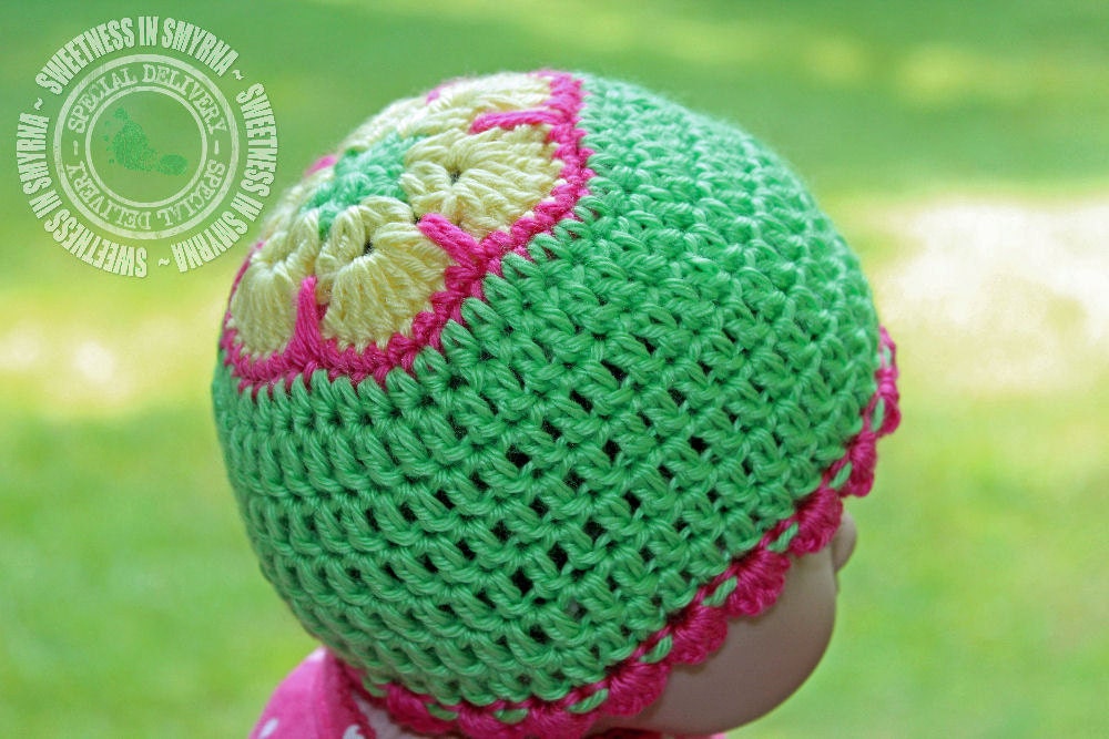 African Flower Cap, Baby Hat, Crochet Baby Hat, Baby Girl, African Flower Hat, Limelight, Green, Scalloped Trim, READY TO SHIP