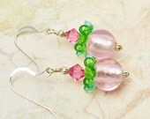 Pink and Green Glass Floral Dangle Earrings