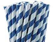 Navy Blue Striped Paper Drinking Straws with Printable DIY Flag Toppers - (50 count)