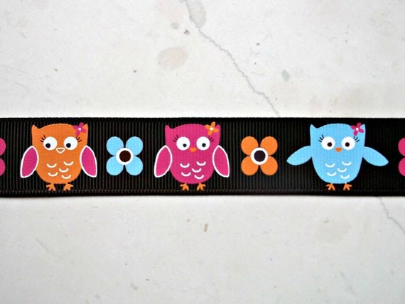 Homecoming owls on brown 7/8" grosgrain ribbon Il_570xn