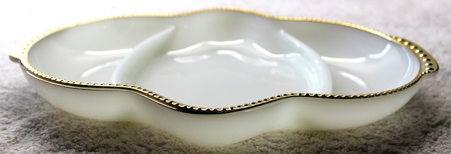 Segmented Oval Anchor Hocking Fire King Platter with Gold Rim