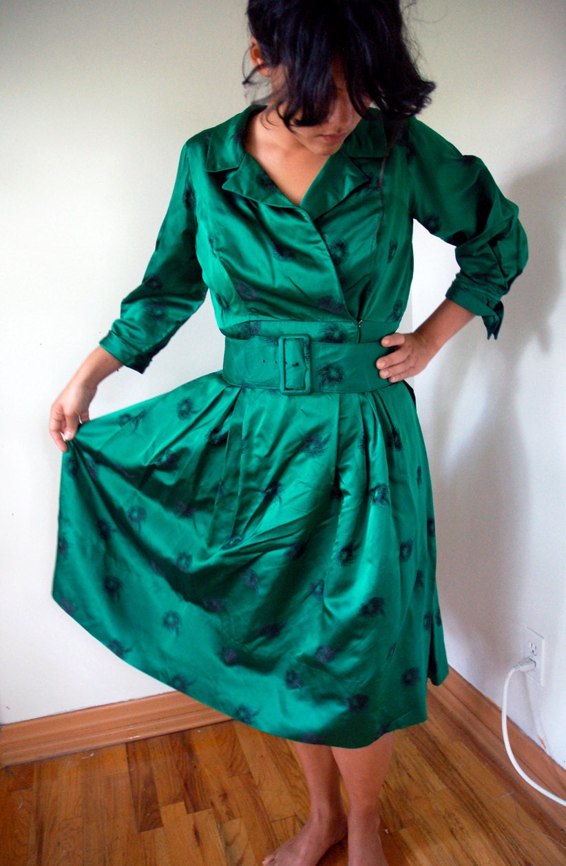 50s silk hostess dress emerald city green I. Magnin M