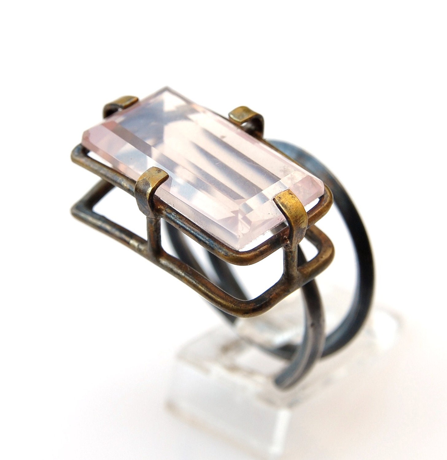 Silver & Brass Rose Quartz  Ring size 8 1/4 Adjustable OOAK Statement Ring