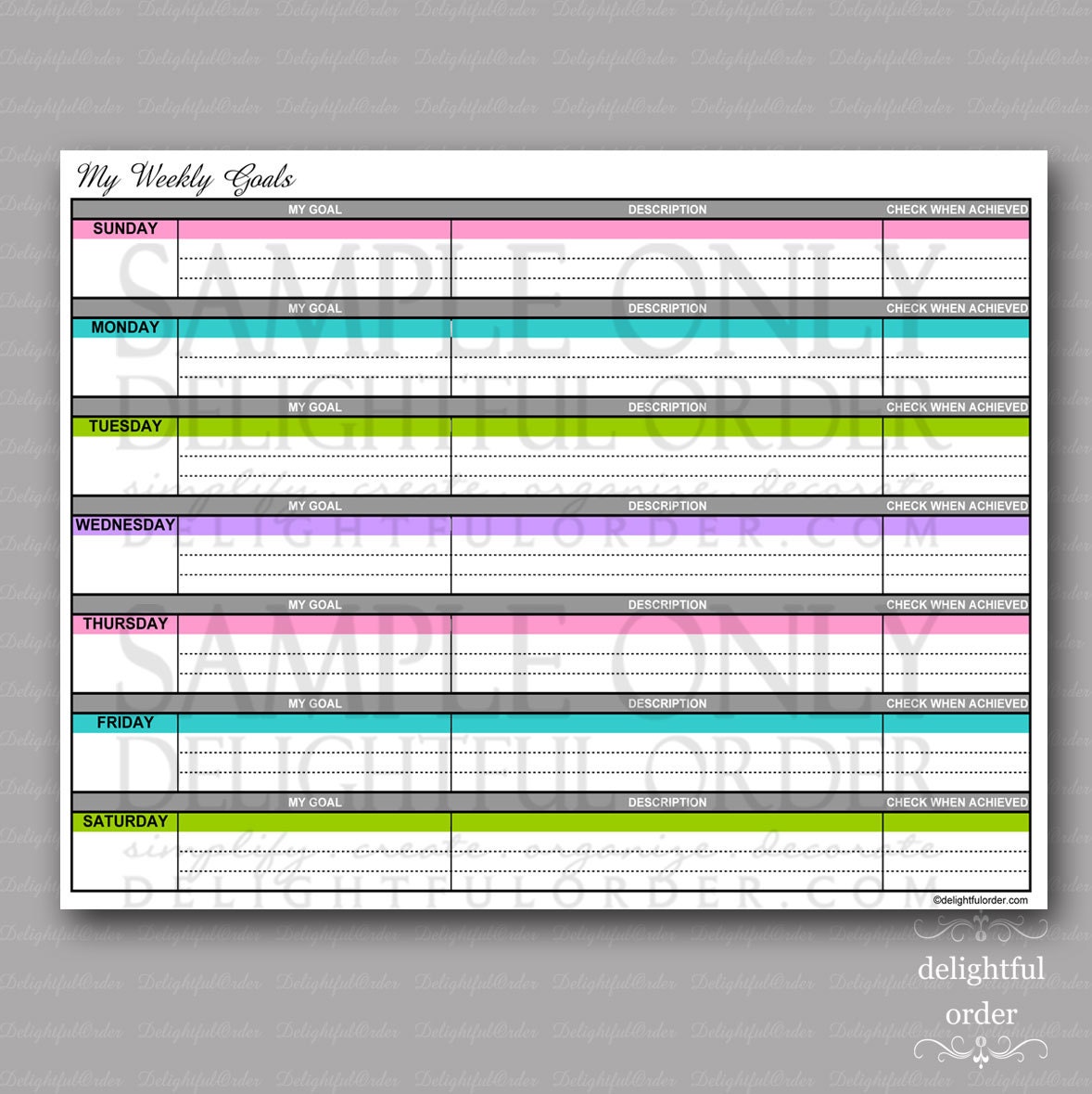 Weekly Goals Form -  PDF Printable File