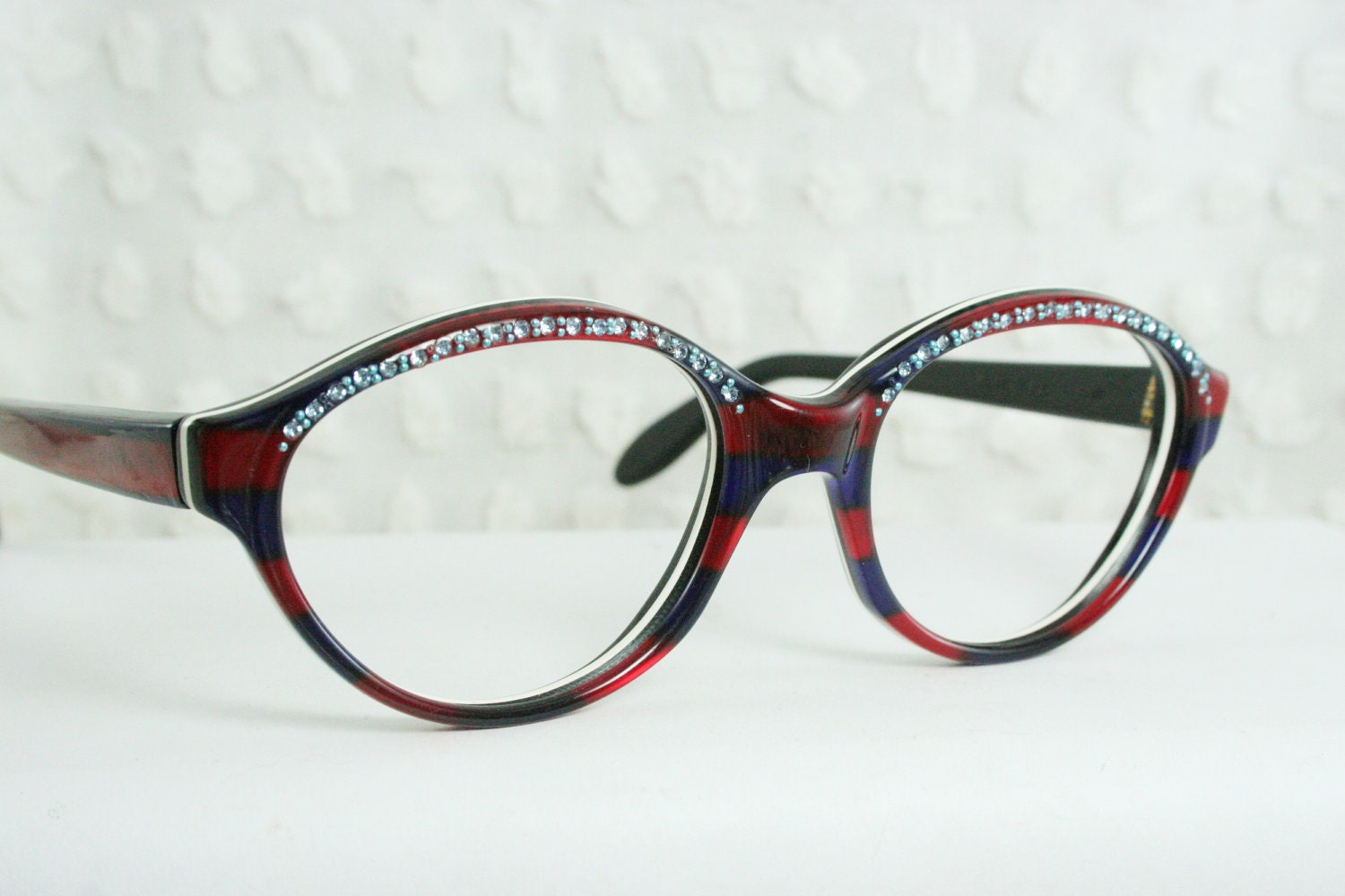 Vintage 60s Christian Dior 1960's Round Eyeglasses Blue Rhinestone Browline Red Blue Horn Rim Frame 49/21 NOS Authentic Designer