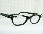 Vintage 50s Eyeglasses 1950s Cat Eye Glasses Black Rectangular Rhinestone Gold Stud NOS 46/20 Optical Frame