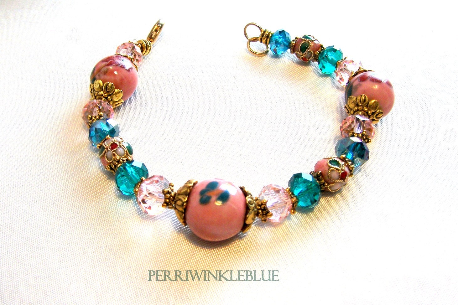 Peacock and Peach Crystals, Floral Ceramic and Cloisonne in Gold Bracelet