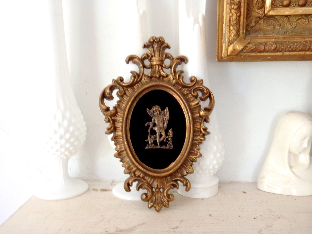 1960s Cherub Framed Picture Hollywood Regency Wall Hanging