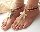 Beach Barefoot Sandals Cowrie Shells Flower Hemp Rose Pink  Hippie Shoes Toe Thong Wedding Foot jewelry