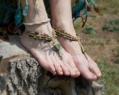 Boho Barefoot Sandals women Geometric Triangle Hippie shoes toe thong Green brown Triple strands Foot Jewelry Beach sandals