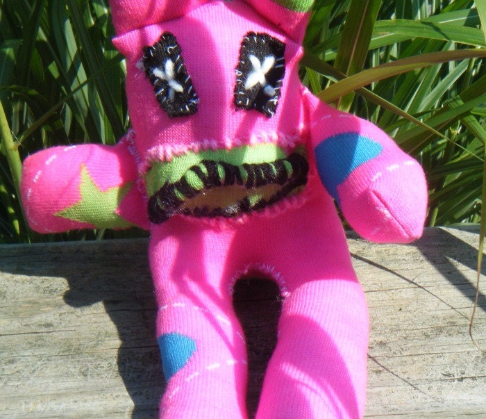 New Handmade Evil Ugly Sock Critter. Pink Neon Stuffed Cat. Not your average sock monkey.
