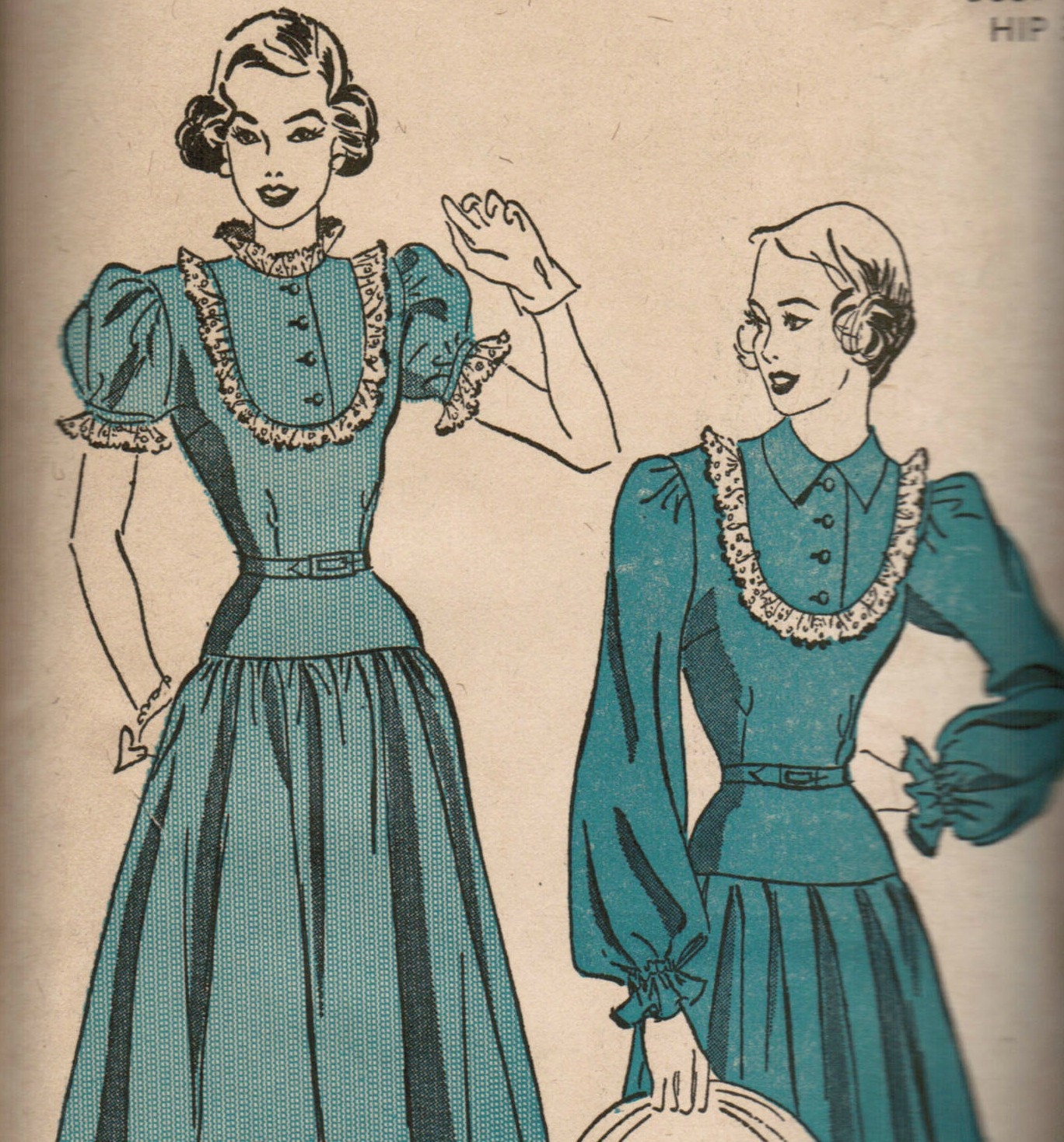 Vintage 40s dress pattern with drop waist, full skirt, and puffed sleeves Advance 4824 Bust 30
