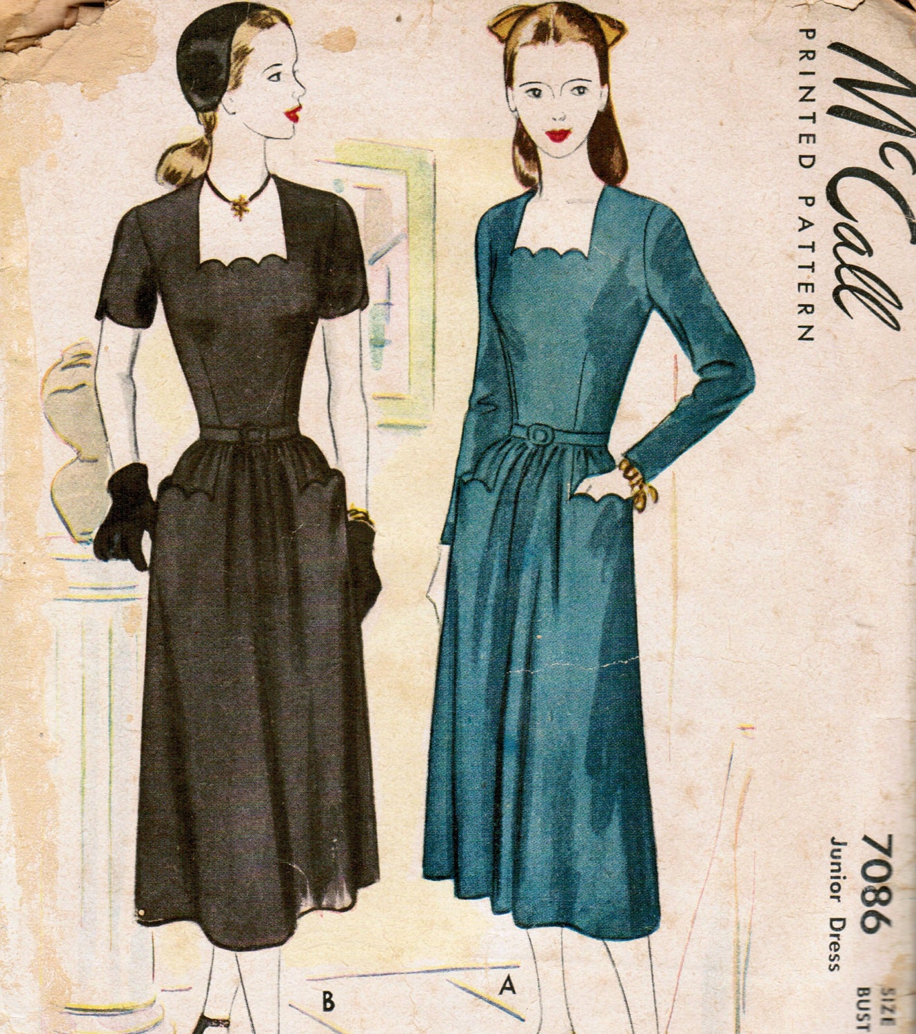 Vintage 40s dress pattern with scalloped neckline and scalloped pockets McCall 7086 Bust 33 half size