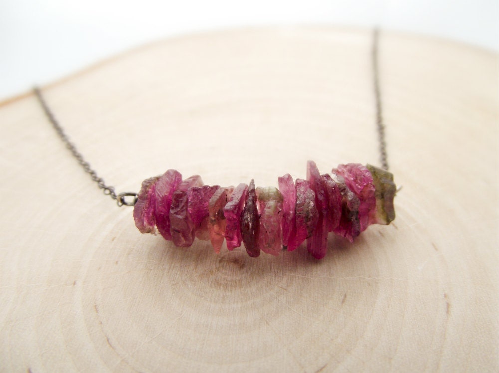 catelyn necklace - rough pink watermelon tourmaline, oxidized sterling silver - everyday wear gifts under 40
