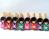 8 Japanese Kokeshi Clothespins