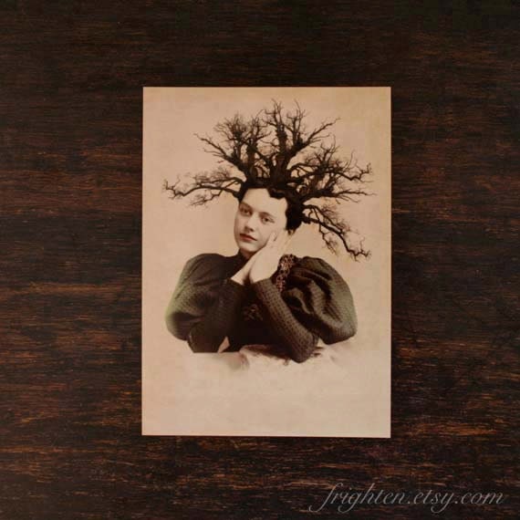 Nature Inspired Art, Mixed Media Collage Print, Twiggy, Altered Portrait of a Victorian Woman, 5x7, frighten