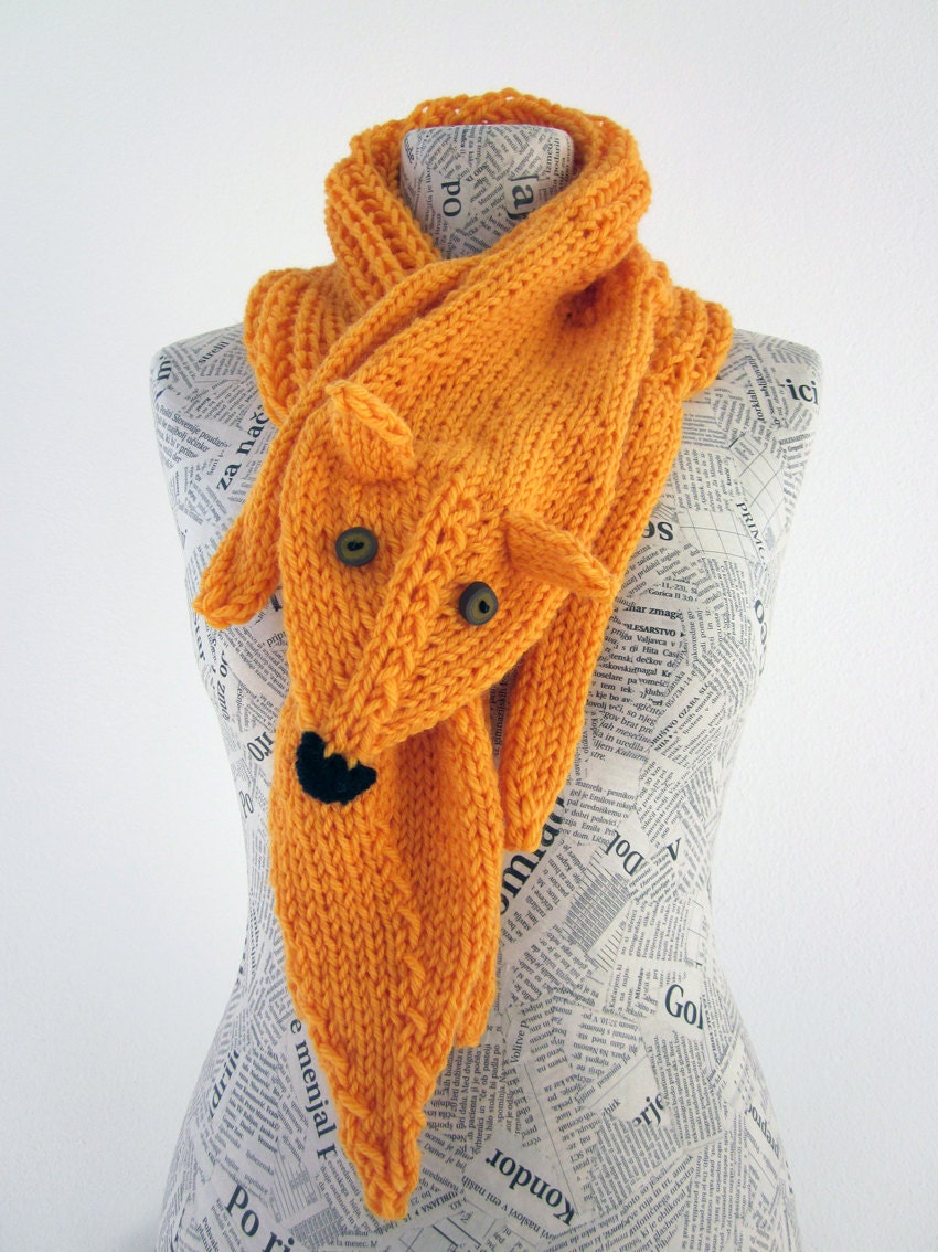 Hand knit fox scarf in yellow orange with polymer clay buttons - AmeBa77