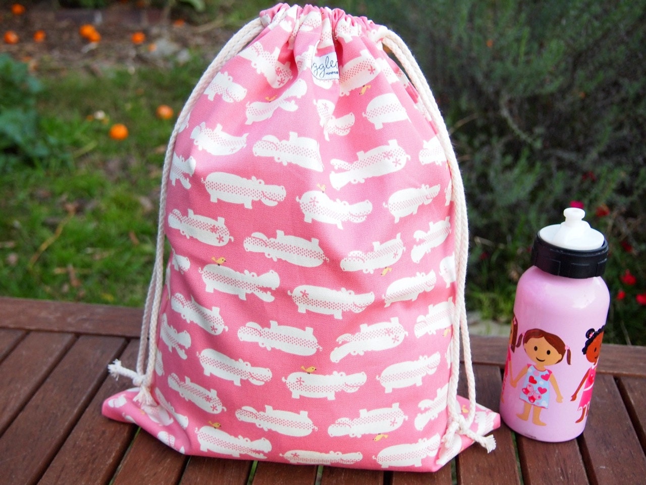 Large Drawstring Bag / Library Bag - Pink Hippos