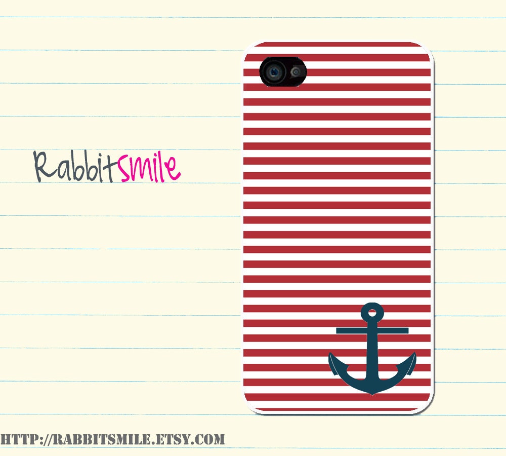 Nautical iPhone 5 Case, iPhone 4 case, iPhone 4s Cover , Hard Plastic iphone 5 Cover, cases - Red Stripe with Anchor