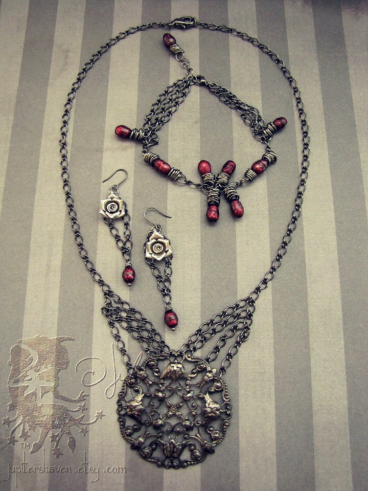 Charmed Necklace - Art Nouveau Gothic Floral Filigree Gunmetal Big Pendant - Victorian Medallion