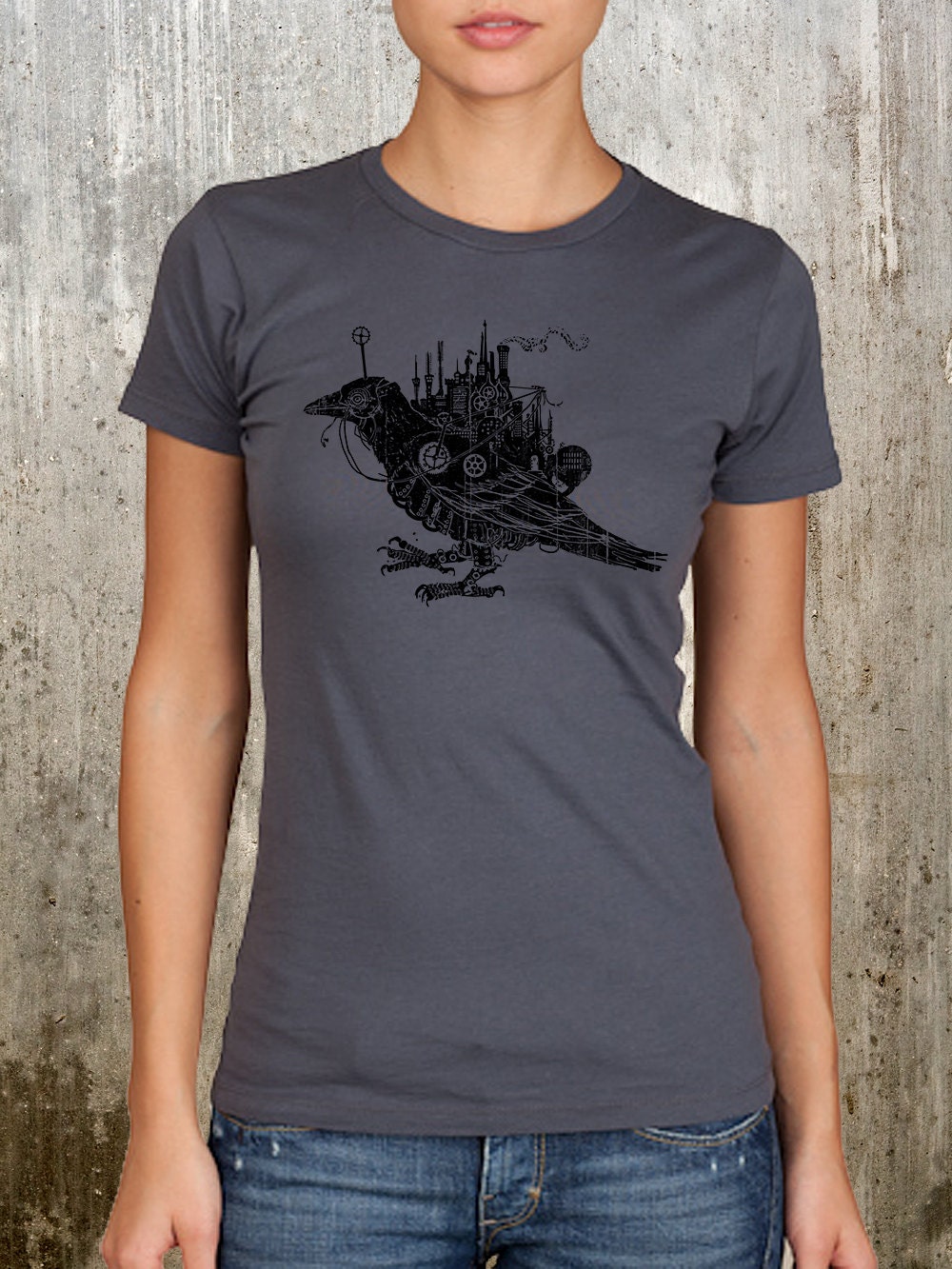 Women's Screen Printed T-Shirt - Steampunk Bird - Available in S, M, L and XL