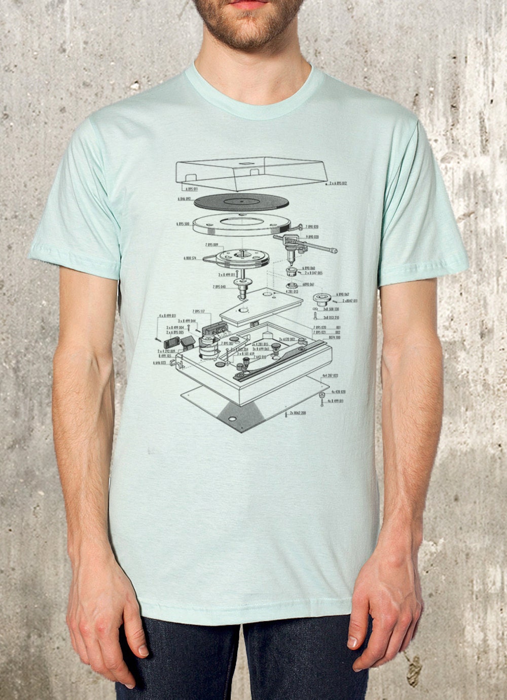 Vinyl Turntable Explosion Diagram - Seafoam  Men's /  Unisex American Apparel T-Shirt - Available in S, M, L, XL and 2XL