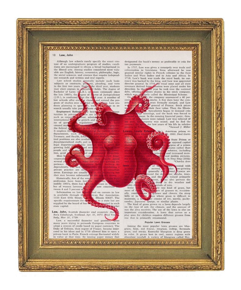 Sweet Pink Octopus Vintage Dictionary Print -8x10