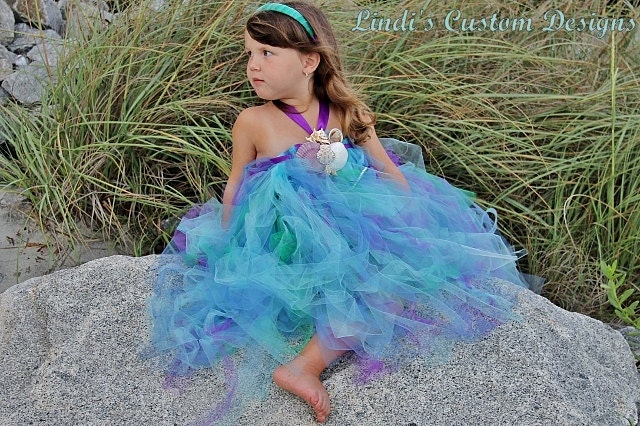 Goddess of the Ocean Sea Mermaid Long Style Tutu Halter Dress adorned with Pearls 2T - 6 yr up to 24" Chest Measurement