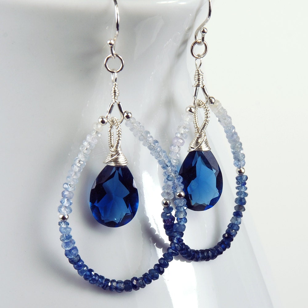 Shaded Sapphire and  Blue Quartz Earrings, September Birthstone Earrings, Sapphire Teardrop Earrings
