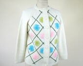 60s Floral Embroidered Cardigan Granny Chic Sweater Womens Medium