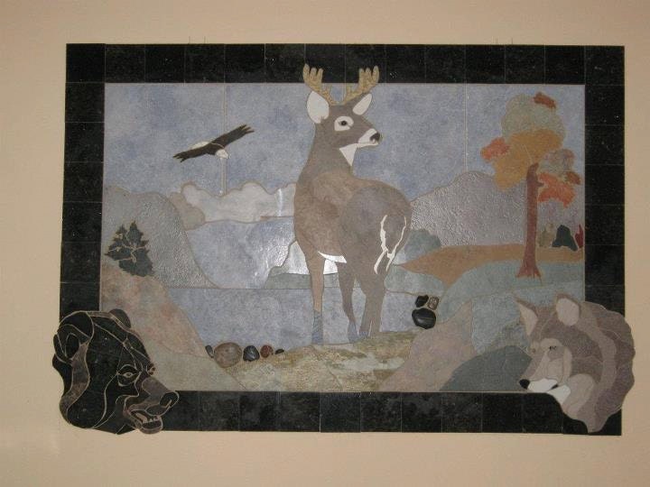 Custom one of a kind tile scene.  Deer, wolf, bear and eagle.