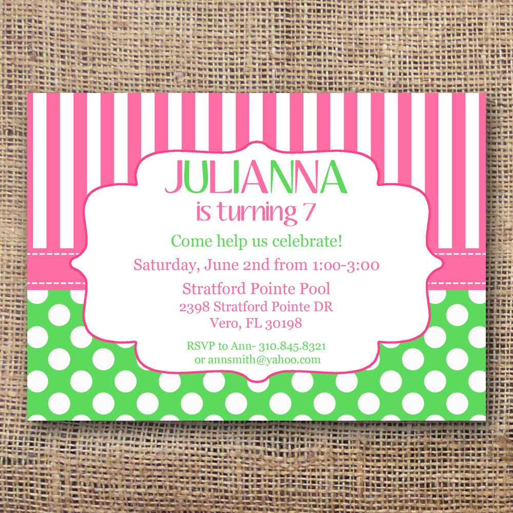 Printable Preppy Pink And Green Birthday Invite Il_170x135