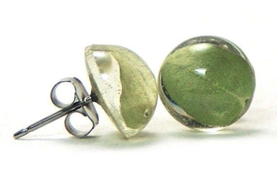 Green Earrings- Real Flower Earrings- Green Leaves- Flower Jewelry- Resin Jewelry- Post Earrings-Resin Earrings-- Stud Earrings