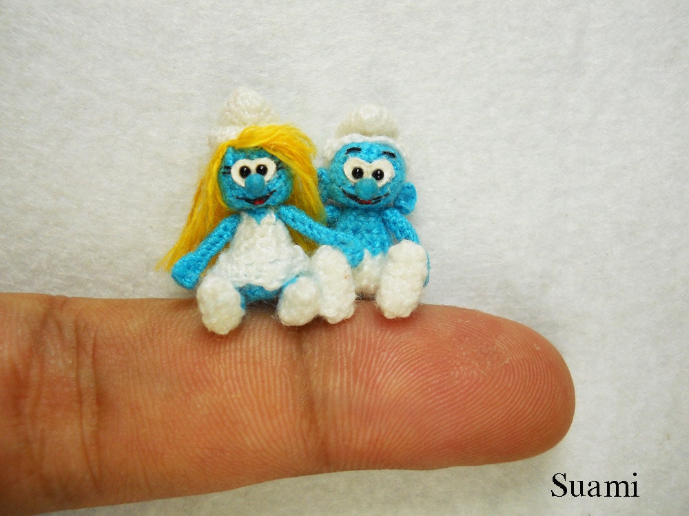 Crochet Doll Smurf And Smurfette - Set of 2 Micro Amigurumi Miniature Doll Blue Buddies - Made To Order