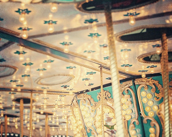 Nursery Decor Dreamy Carousel Merry Go Round Carnival Print Fair Photograph Baby's Room Child's Room, Teal Aqua Yellow Gold Beige.