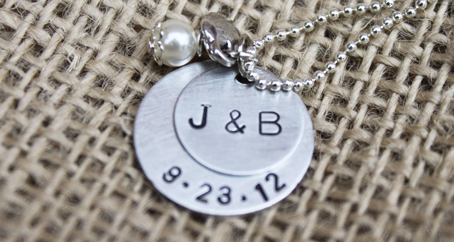 Hand Stamped Jewelry Couple's  Initial and Special Date Necklace -Great wedding or Anniversary gift