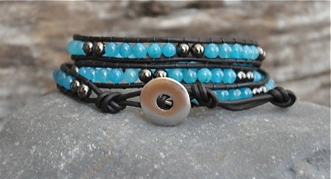 Custom Boho 4mm Blue Jade and Hematite Leather 3 Wrap Bead Bracelet Chan Luu inspired.