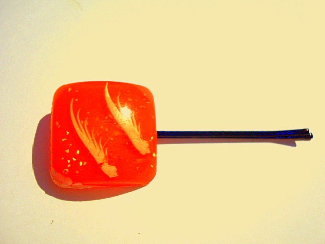 Orange Bakelite feather glitter antique button hairpin bobby pin