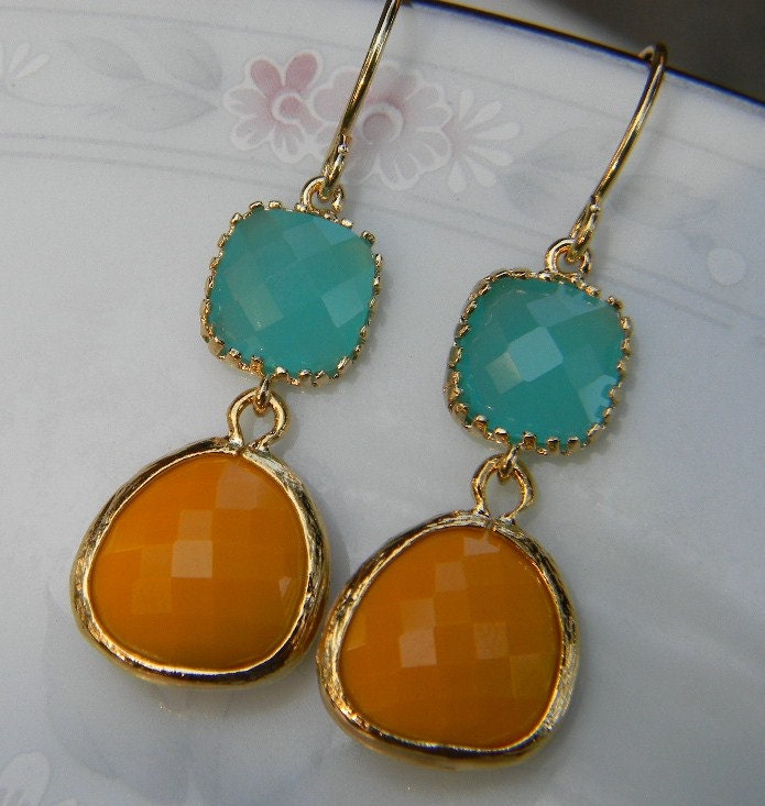 Mustard Yellow and Turquoise Earrings in Gold -Bride- Bridal- Wedding Jewelry