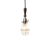 Vintage Farmhouse Wood Handle Economy Caged Trouble Light Pendant ( Silver / Ebony )