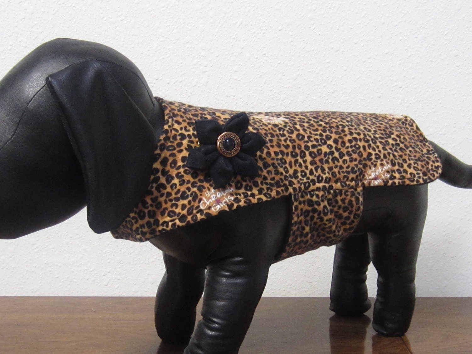 Doxie Diva Designer Faux Leopard  Dog Coat with Flower & Vintage Button Trim