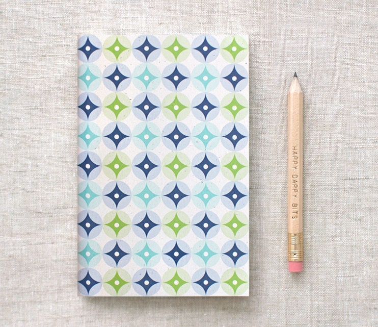 Patterned Mini Journal with Pencil, Notebook - Diamonds, Circles - Blue, Green, Teal - Recycled Stocking Stuffer