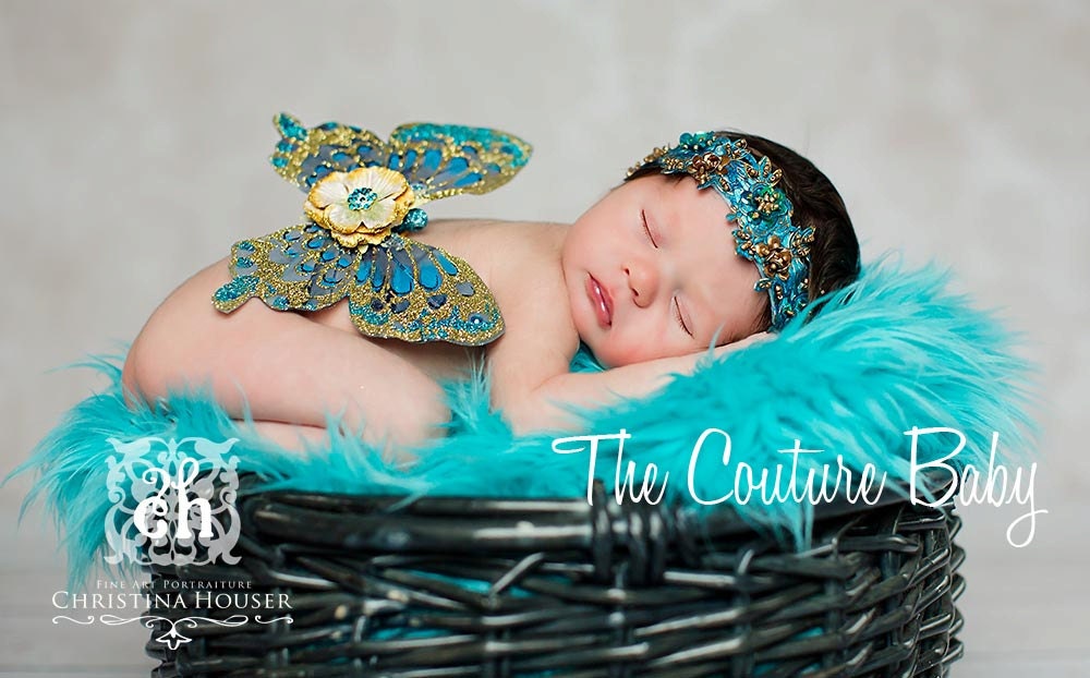 GOLDEN TURQUOISE Couture Newborn Butterfly Fairy Wings ONLY Photo Prop First Photos