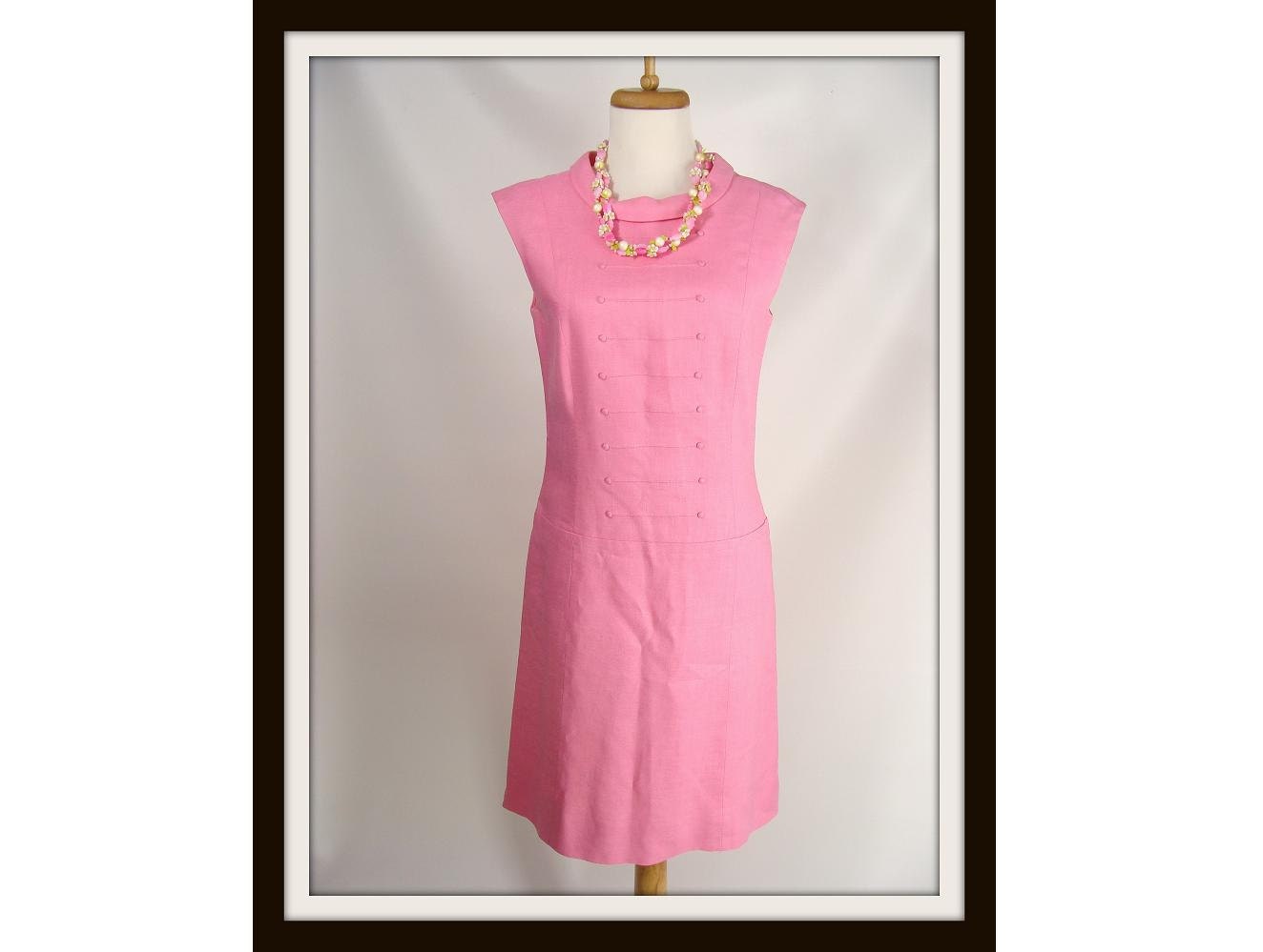 vintage 60s Pink Linen Adele Martin Original Spring Summer Shift Dress w/ Military Insp Bodice S M 6 8