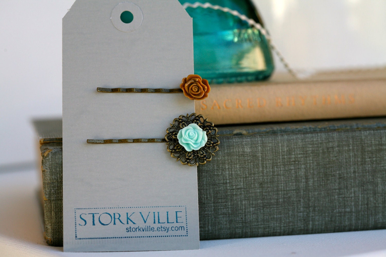 Teal & Tan Rose Bobby Pin Set (2)